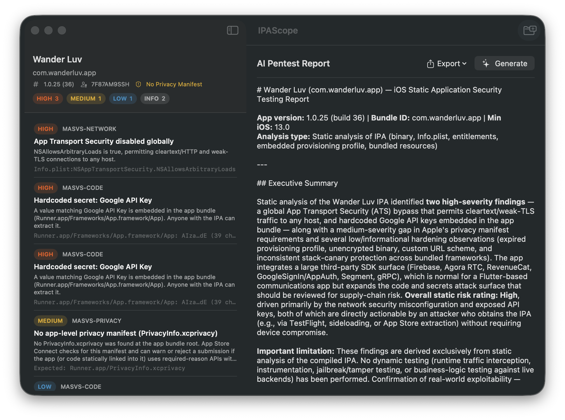 IPAScope scanning an app, showing findings grouped by severity next to the AI pentest report panel