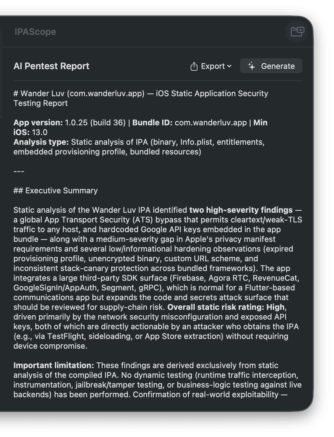 AI-generated pentest report grouping findings by MASVS category